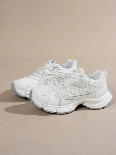 女士新款休闲运动鞋，透气网面厚底坡跟鞋，轻便百搭系带白色/灰色时尚运动鞋，适合所有季节