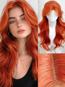 Red Brown Copper Ginger Long Straight Synthetic Lace Front Wigs For Women Natural Wave Wigs With Bangs Cosplay Heat Resistant - Multicolor - View 13