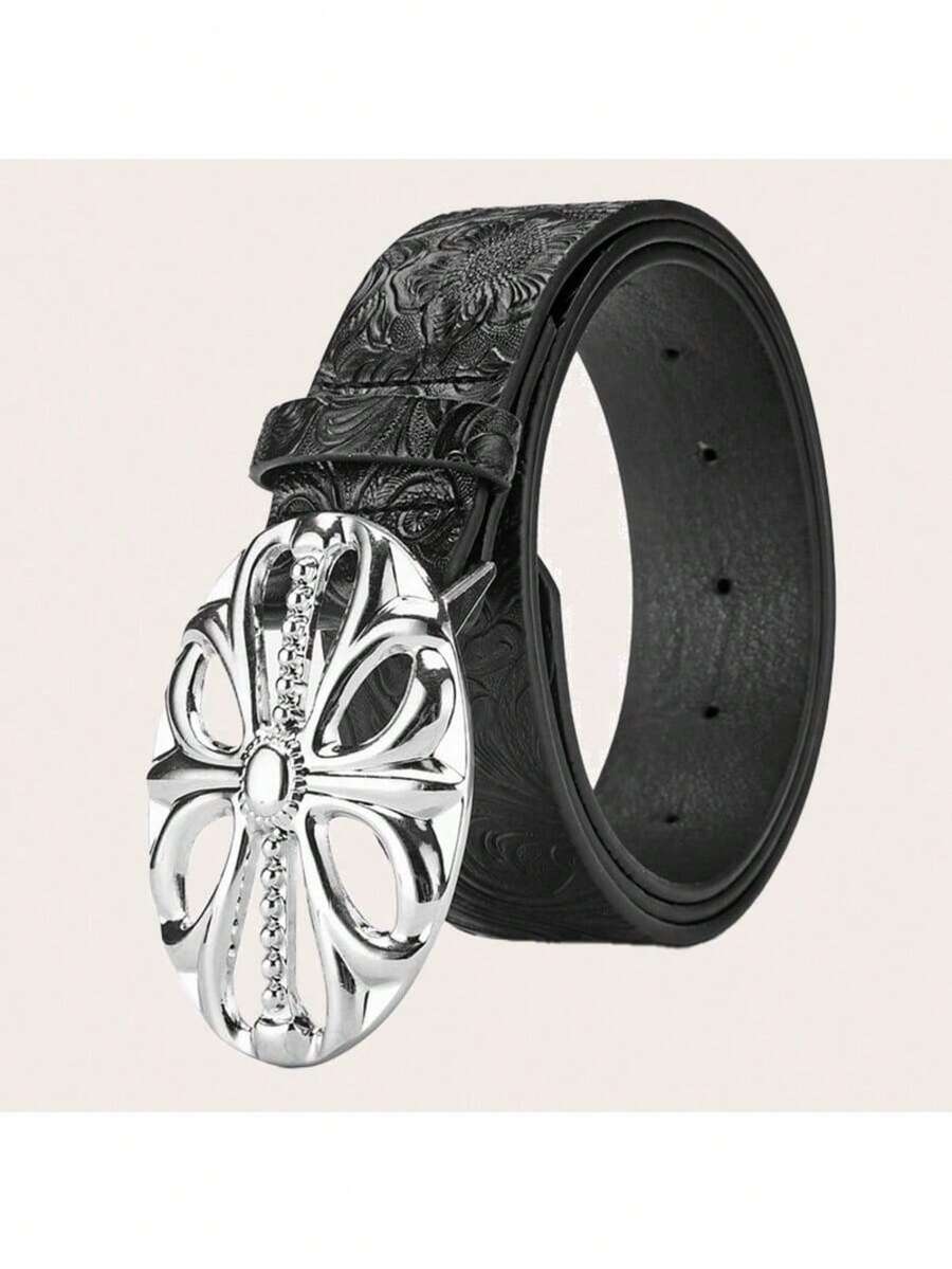 1条波西米亚风黑色仿皮腰带，配复古椭圆形镂空扣，百搭牛仔裤、连衣裙和休闲装。 - 黑色 - 查看 1