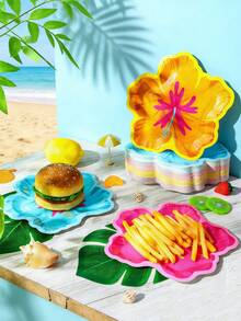 8pcs/Set - Hibiscus Pattern Paper Plates, Colorful Hawaiian Flower Shaped Disposable Plates, Convenient For Summer Parties, Spring Gatherings, Banquets And Other Occasions. Also Suitable For Hotels, Homes, Restaurants And Other Daily Life Scenarios. - Multicolor - View 2