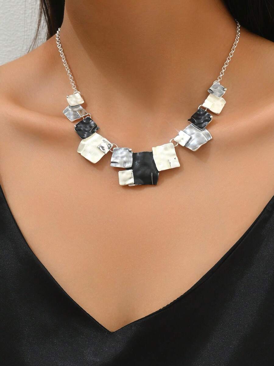 1件不对称几何方形珐琅吊坠项链，独特设计，女士款 - 彩色 - 查看 1