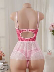 Bộ đồ ngủ lưới hở lưng quyến rũ họa tiết da báo và chấm bi dành cho ngày Valentine - Hồng - Xem 2