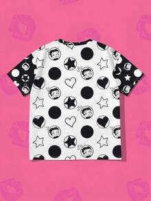 SHEIN X Betty Boop 女款圓領全印花休閒百搭日常短袖T恤 夏季 - 彩色 - 查看 2