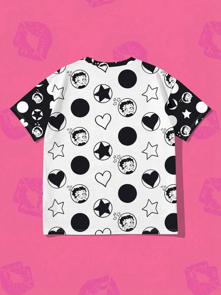 SHEIN X Betty Boop 女款圓領全印花休閒百搭日常短袖T恤 夏季 - 彩色 - 查看 2