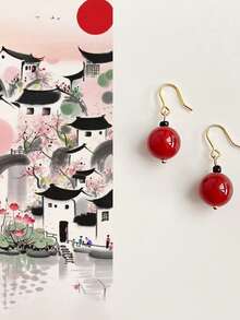 1 Pair Of Handmade Round Natural Stone Pendant Earrings, Suitable For Ramadan, Eid Al Fitr Activities, And Women's Daily Wear Essentials, Small And Cute Women's Earrings - Multicolor - View 1