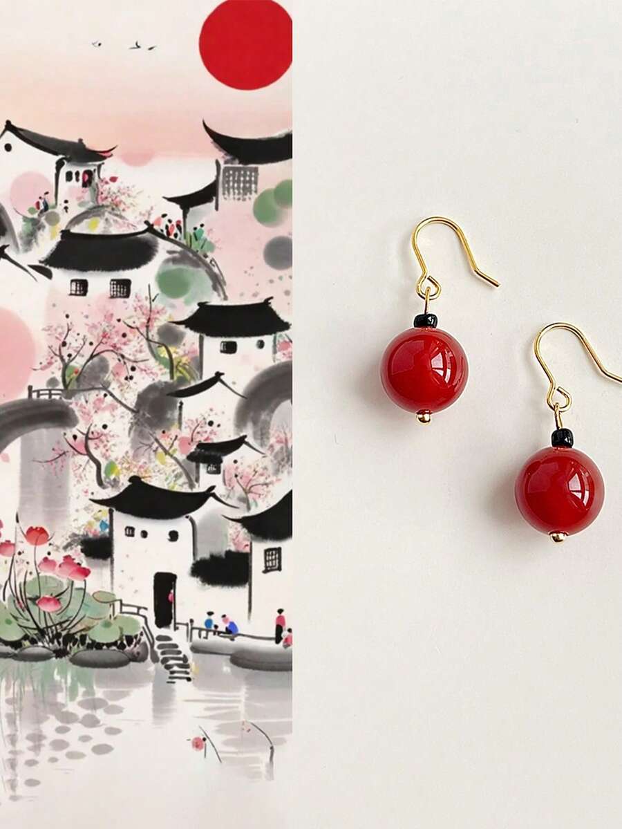 1 Pair Of Handmade Round Natural Stone Pendant Earrings, Suitable For Ramadan, Eid Al Fitr Activities, And Women's Daily Wear Essentials, Small And Cute Women's Earrings - Multicolor - View 1