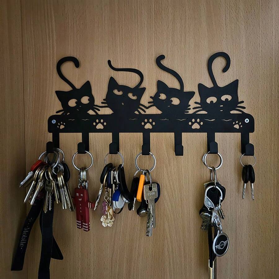 HELLOYOUNG 1/2 chiếc (4 móc treo chìa khóa hình mèo nhỏ trang trí), móc treo chìa khóa hình mèo đen dễ thương, trang trí tường phòng khách, phòng ngủ, văn phòng, nhà cửa, quà tân gia và sinh nhật.