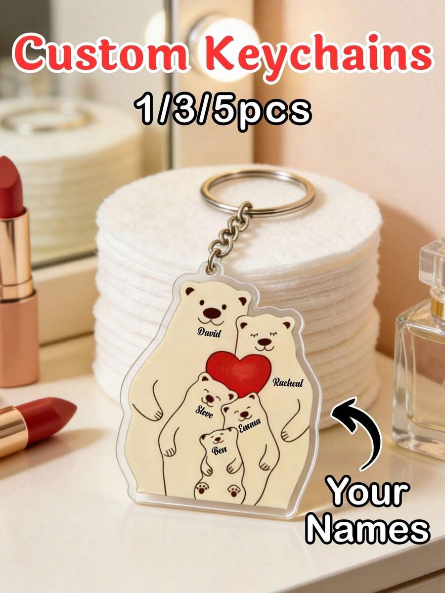 Bộ 1/3/5 móc khóa hình gấu gia đình cá nhân hóa, móc khóa tùy chỉnh, móc khóa dễ thương có thể tùy chỉnh với 2-6 tên, món quà hoàn hảo cho Ngày Gia đình, thể hiện sự ấm áp và tình cảm, Ngày Valentine, Ngày của Mẹ.