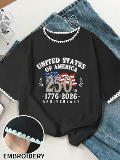 Camiseta de mujer de talla grande con gráfico "250th Anniversary of USA", suave y transpirable, adecuada para verano y primavera, casual, vacaciones, uso diario