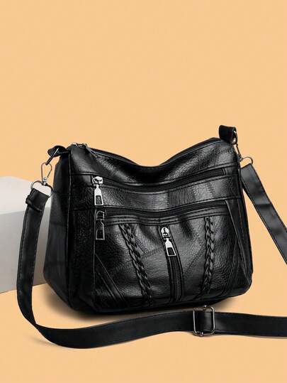 Black Soft Leather Splicing Stone Multi-Pocket Bag For Elderly Mothers, Braid Braid All Fashion Shopping To Buy Food Bag Can Be Put Folding Umbrella And Water Cup, Women's Fashion Casual Commute Bag, Detachable Shoulder Strap With Purse, Portable Short-Distance Business Trip Women's Shoulder Bag