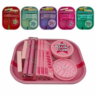 Juego de 5 piezas de accesorios para fumar, incluye bandeja de 18cm*14cm, molinillo de doble capa, 96 papeles de liar de 110mm, 100 boquillas de filtro, máquina de liar de 110mm con diseño, disponible en 6 combinaciones de colores. Juego práctico, adecuado como regalo para vacaciones, cumpleaños, San Valentín, Navidad, fiestas, regalo creativo para novio o novia