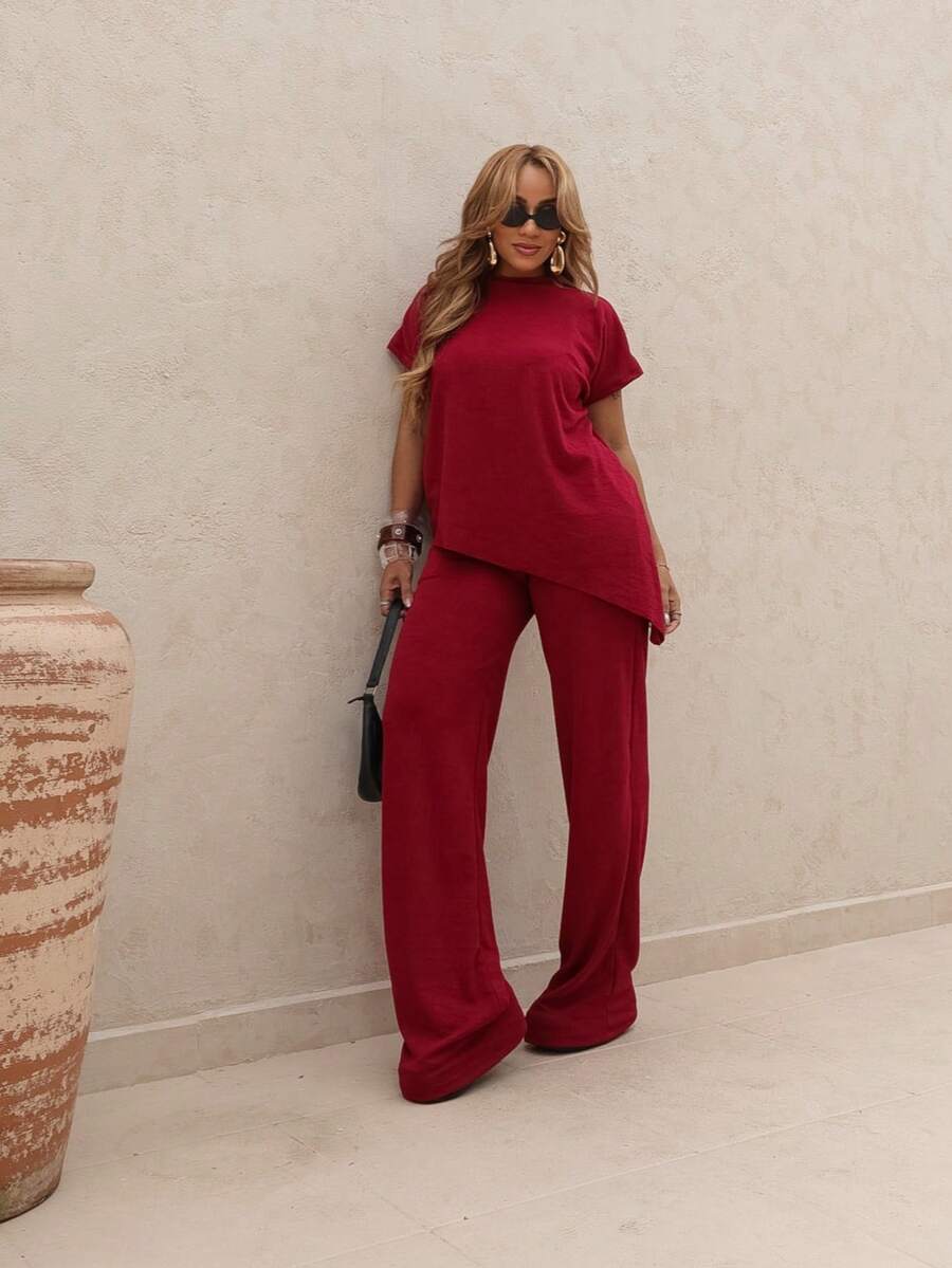 Women's Asymmetrical Set: Casual Elegant Wide-Leg Pants,  Fashion, Anarruga Fabric, Blogger Style - 紅木色 - 查看 1