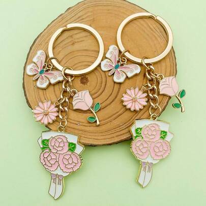 Set de 12 piezas/24 piezas Llavero con mariposa rosa y flor de rosa, decoración colgante, regalo del Día de la Madre, favor de fiesta festiva