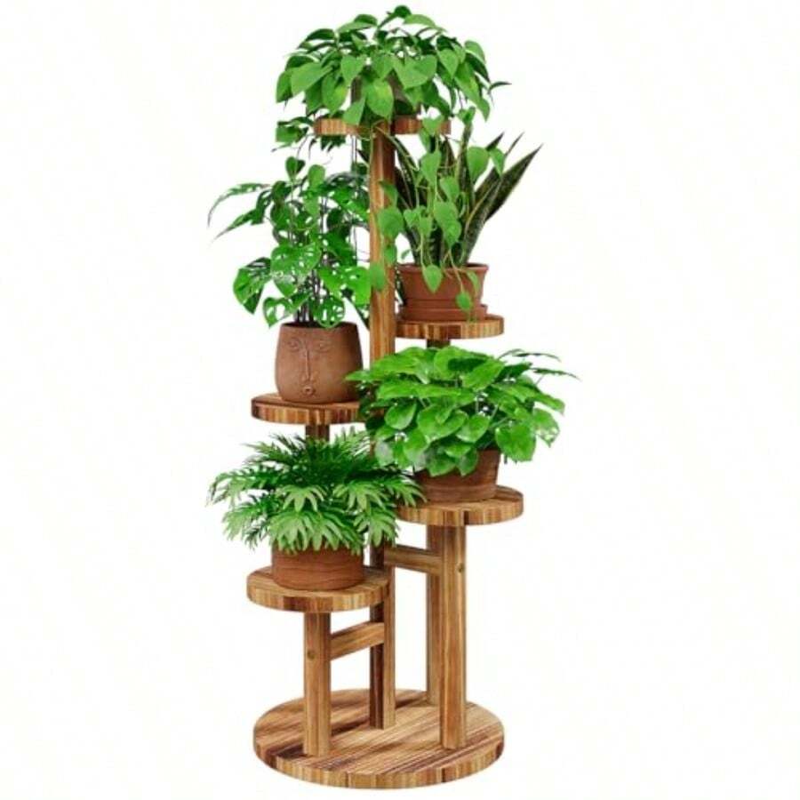 Bamworld - Soporte para plantas de 5 niveles de altura para interiores estante de madera de esquina para múltiples plantas soporte redondo escalonado para patio jardín balcón sala de estar - Marrn - Ver 1