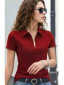camiseta camisa feminina ziper Gola polo Premium - Vermelho - Visão 5