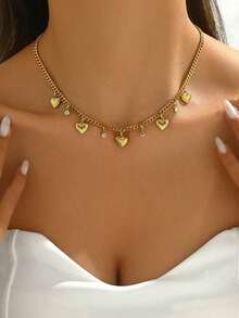 1pc Chunky Chain Heart Pendant Stainless Steel Necklace, Suitable For Women's Daily Wear And As Gift Valentines - 黃金 - 查看 5