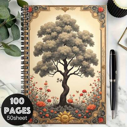 دفتر ملاحظات بطراز فني عتيق، يتميز غلافه بتصميم شجرة وزخارف زهرية نابضة بالحياة، مما يضفي عليه مظهرًا أنيقًا. 100 صفحة (50 ورقة) سعة عالية، مناسب لتسجيل العمل والملاحظات الدراسية والتخطيط اليومي، كما يشكل هدية مفكرة للتخرج والأعياد الميلاد ومناسبات أخرى.