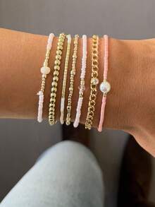 7pcs Elegant Women Bracelet Set, Adjustable Multi-Layer Beaded Bracelets With Pink And Gold Beads, Jewelry Gift, Suitable For Daily Wear And Party - Multicolor - View 1