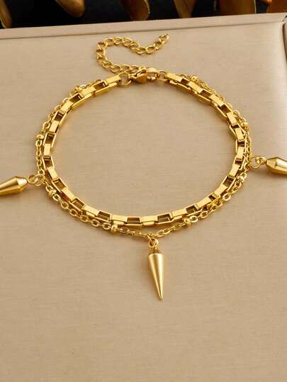 1 pieza Pulsera de acero inoxidable de doble capa con estilo punk y cool, con cadena chapada en oro y colgante de remache de dos colores, dorado y plateado