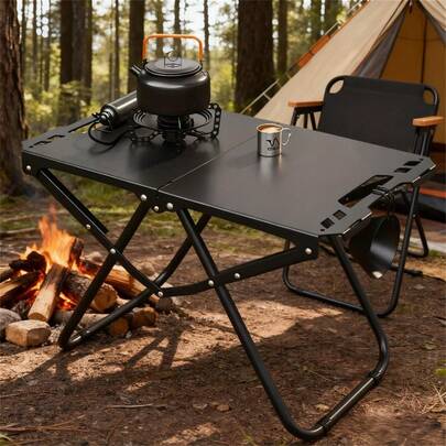 Heavy-Duty Carbon Steel Portable Folding Table, Suitable For Family Picnics - Stable Tripod Base, With Handle, Lightweight And Durable Black Design, Suitable For Adults, Hiking, Travel, BBQ, Camping Car Use