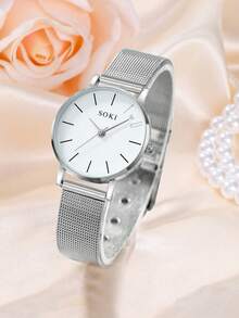 SOKI 女士手表套装，时尚休闲圆形表盘石英表搭配简约链式表带，适合日常佩戴、生日礼物、返校季礼物、感恩节礼物、情侣装（不含表盒） - 銀色 - 查看 2