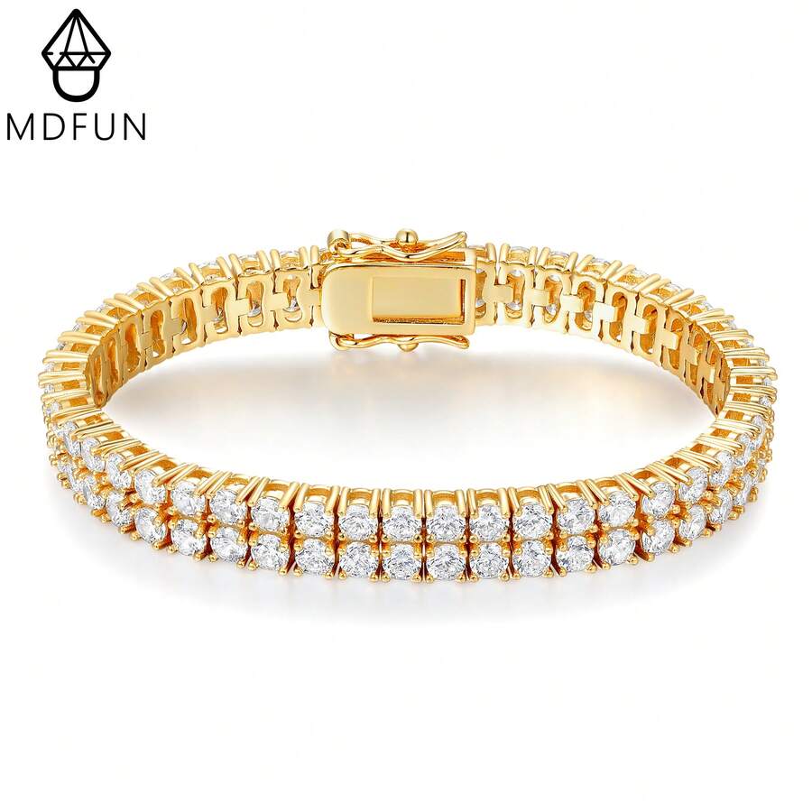 MDFUN 中性款網球手鍊,18K金/白金鍍層,雙排 3.0mm 圓形立方氧化鋯網球手鍊,水鑽嘻哈手鍊 - 金色 - 查看 1