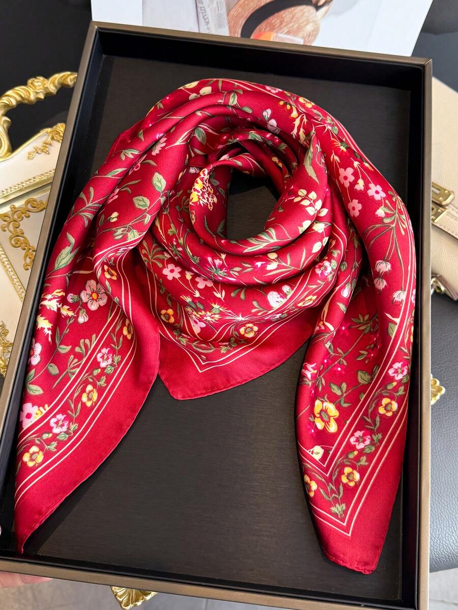 1 pieza Pañuelo cuadrado de seda con estampado floral vintage, adecuado para playa, calle, diario, vacaciones, negocios, decoración de moda, cinta, vacaciones - Rojo - Ver 1