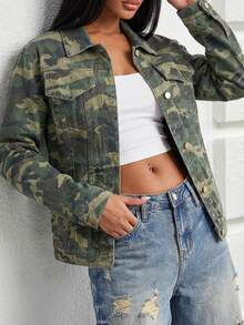 Women's Y2K Camouflage Loose Denim Jacket - Army Green - View 1