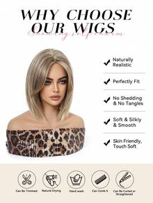 12 Inch Short Straight Wig, Blonde Top With Black Roots, Suitable For Daily Makeup And Parties, Heat Resistant Synthetic Fiber Material - Gold - View 7