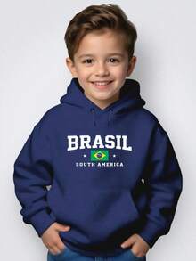 Blusa Moletom Infantil Canguru Capuz Inverno Brasil South Am Escola Shopping Lazer Menino Menina Premium Térmico Roupas Confortáveis - Azul-marinho - Visão 1