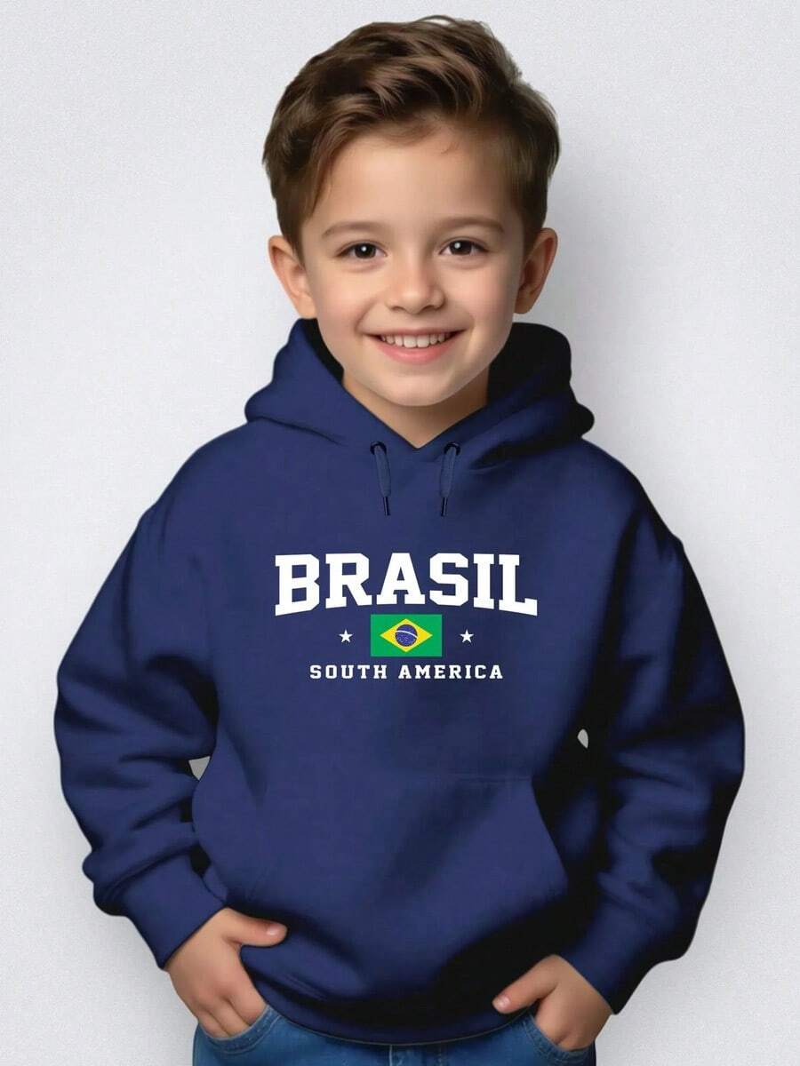 Blusa Moletom Infantil Canguru Capuz Inverno Brasil South Am Escola Shopping Lazer Menino Menina Premium Térmico Roupas Confortáveis - Azul-marinho - Visão 1