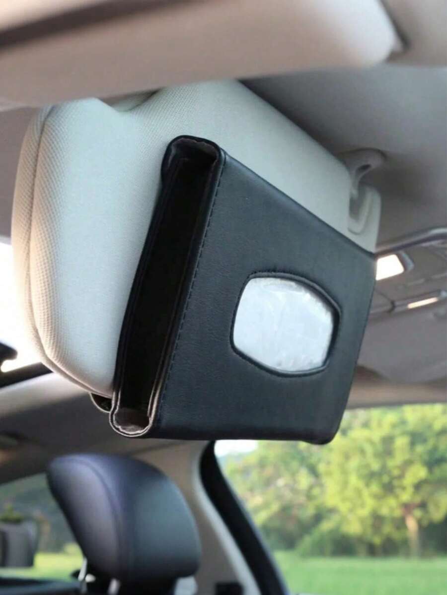 Premium Faux Leather Car Tissue Box Holder - Hanging Tissue Dispenser For Sun Visor Or Seat Back - Universal Car Tissue Paper Storage Rack With Smooth Pull-Out Design - Black Interior Accessory - A - View 1