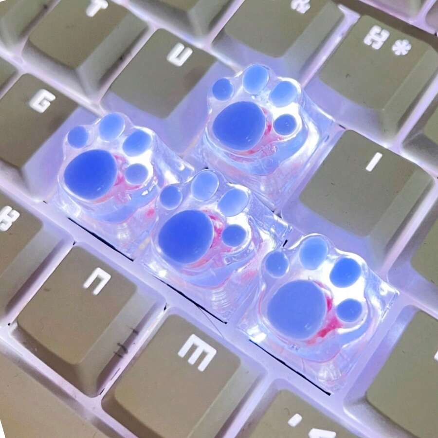 4pcsPersonalized Glue-On Transparent And Translucent Nail Art Featuring Cute Cat Paw Keys, Cartoon Office Cross Shaft Mechanical Keycaps, DIY.