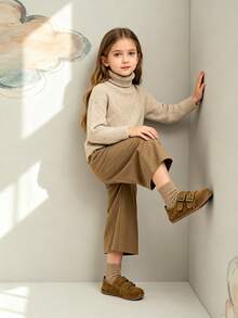 1 Pair Kids Girls Double Metal Buckle Decor Suede Leather Non-Slip Round Toe Flat Shoes, Retro Casual Boston Moccasins For Spring Autumn Daily School Wear - Camel - View 11