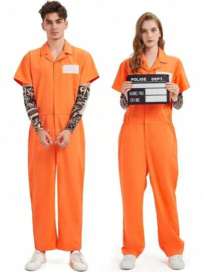 1 Bộ Trang Phục Tù Nhân Halloween, Áo Tù Màu Cam, Trang Phục Đồng Phục Tù Nhân Cho Nam và Nữ, Trang Phục Nhà Tù Halloween Cho Người Lớn