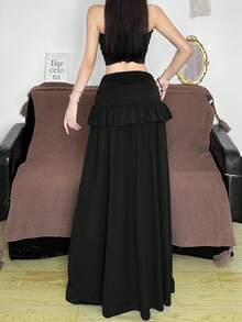 Chân váy dài màu đen gợi cảm bằng polyester Top Dazzle dành cho nữ, có chi tiết bèo nhún, hoàn hảo cho các bữa tiệc. - màu đen - Xem 5