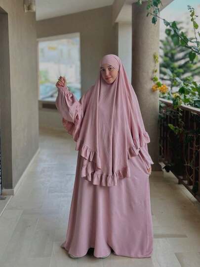 两件套头巾长袍套装，适合女性日常穿着和祈祷，宽松舒适，四季皆宜，穆斯林伊斯兰服饰