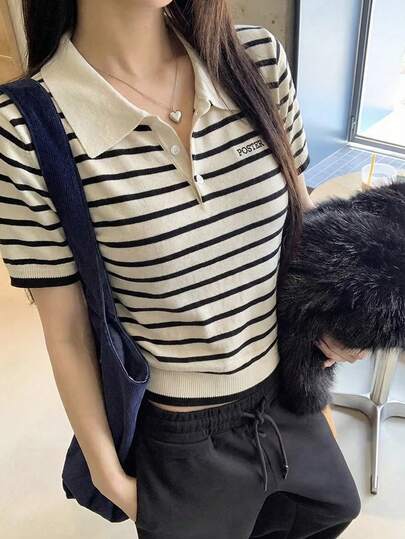 2026春夏条纹针织女式Polo衫，短袖翻领修身露脐上衣，Y2K街头风，甜美纯粹的渴望，适合海滩度假、音乐节、派对、返校季，少女及女士皆宜。