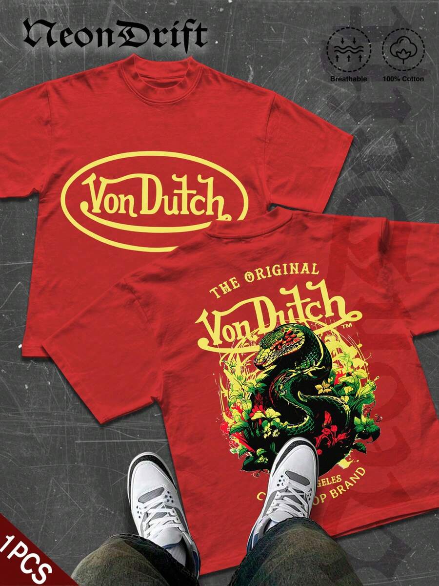 NeonDrift  Double-Sided Printing  Men's T-Shirt Men's Short-Sleeve T-Shirt100% Cotton Fabric Soft & Skin-Friendly Unisex Style Gifts For Spring Festival, Valentine's Day, St. Patrick's Day & World Cup-Van Dutch Dragon Print Men T Shirt Classic Americana Style Graphic Tee Streetwear Fashion Casual Wear For Car Enthusiasts And Vintage Culture Lovers - Đỏ - Xem 1