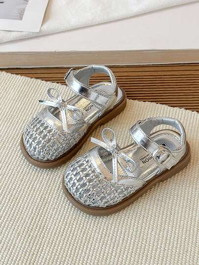2026 New Kids Summer Sandals, Silver Woven Hollow Butterfly Decor, Korean Soft Style