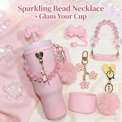 Set de 5 accesorios para termos aislados de 30oz y 40oz, que incluye tapa con pajita de 10mm, correa de asa, gancho con forma de corazón, funda de silicona, y llavero, ideal para regalos del Día de San Valentín y actividades al aire libre