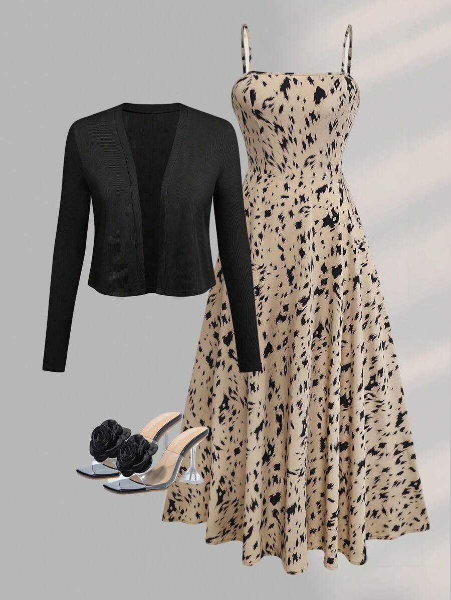 Conjunto de vestido de tirantes con estampado de leopardo y dobladillo acampanado elegante, talla grande cárdigan esponjoso para vacaciones - café - Ver 1