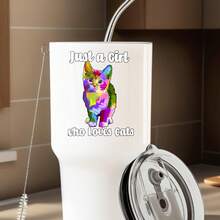 30oz Stainless Steel Tumbler Black White Options,  Just A Girl Who Loves Cats Graphic Cups, Insulated Travel Coffee Mug With Lid And Straw , Double Wall Vacuum Reusable Travel Cups, Funny Birthday Party Gift For Women & Men - 白色 - 查看 1