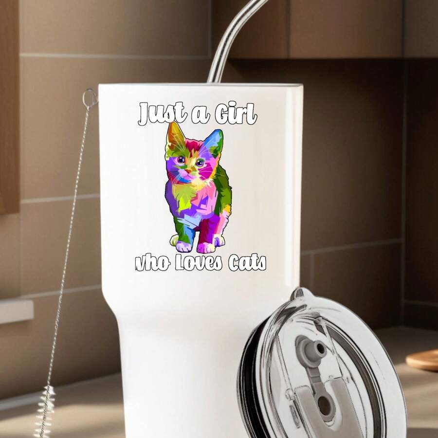 30oz Stainless Steel Tumbler Black White Options,  Just A Girl Who Loves Cats Graphic Cups, Insulated Travel Coffee Mug With Lid And Straw , Double Wall Vacuum Reusable Travel Cups, Funny Birthday Party Gift For Women & Men - 白色 - 查看 1