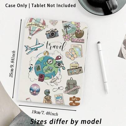 1个翻盖式平板电脑保护套，带笔槽，图案包括地球、飞机、相机、热气球、行李箱、椰子、背包，兼容华为Matepad SE 11英寸/Matepad Pro 11英寸/Matepad 11.5英寸2026、荣耀平板8/9/10、荣耀GT 11.5英寸/X7/X8A/X9/X8Pro/X9Pro/X10 PRO/V9/V8 Pro、S11/A11/A11+、苹果等，具备自动休眠/唤醒功能，适合返校季、情人节等场合。