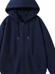 Open-Front Zip-Up Hooded Sweatshirt, Plain Winter Jacket With Front Pocket, Ideal For Cold Days. - Azul Marino - Ver 3
