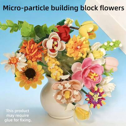 16pcs Micro-Particle Simulated Building Block Preserved Flowers, Recommended Gifts For Valentine's Day, Easter, Halloween, Christmas, Father's Day, Mother's Day, Spring, Wedding Season, Birthday Parties, Educational Stress Relief Toys For Kids, Classroom Rewards, Decorative Desktop Accents, Gift Box Packaging