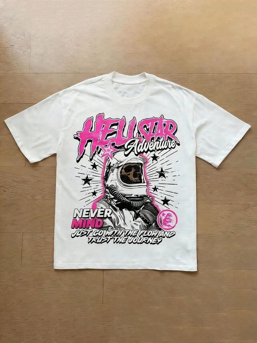 Plus Size Hellstars Adventure Astronaut Skull Y2K Graphic T-Shirt,220g 100% Cotton,Round Neck Short Sleeve,White Streetwear Essential,Unisex Style - 黑色 - 查看 1
