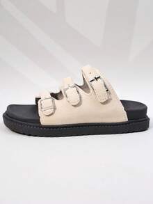1 Pair Girls' Beige Suede Multi-Buckle Thick-Soled Non-Slip Slide Sandals For Everyday Casual Use - Beige - View 3