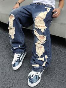 Mens Ripped Baggy Jeans Loose Fit Distressed Denim Pants Light Wash Y2K Streetwear Wide Leg Style - 深色水洗藍 - 查看 7